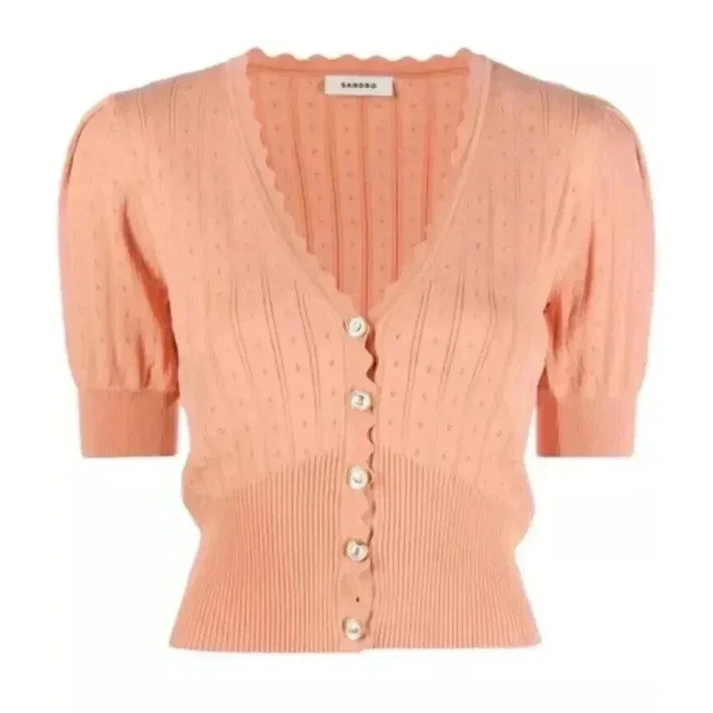 Sandro Passiflore Pointelle Short Sleeve Cardigan Salmon/Pink Size xs/s/1 - Picture 6 of 15
